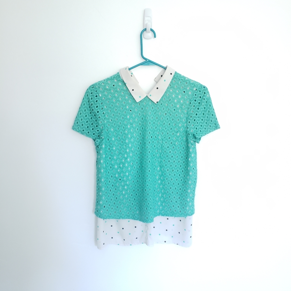 Elle Teal Polka Dot Blouse Size M